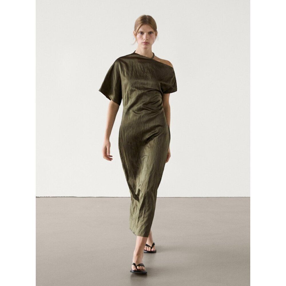 Massimo Dutti Womens Midi Dress S Small Green One Shoulder wrinkle 6667/667 NWT